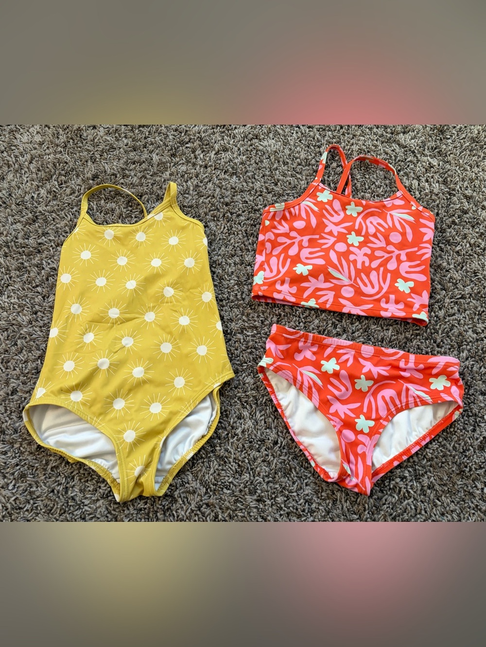 Girls Hanna Andersson Yellow Sun One-Piece & Coral Floral Tankini Swim Sets
